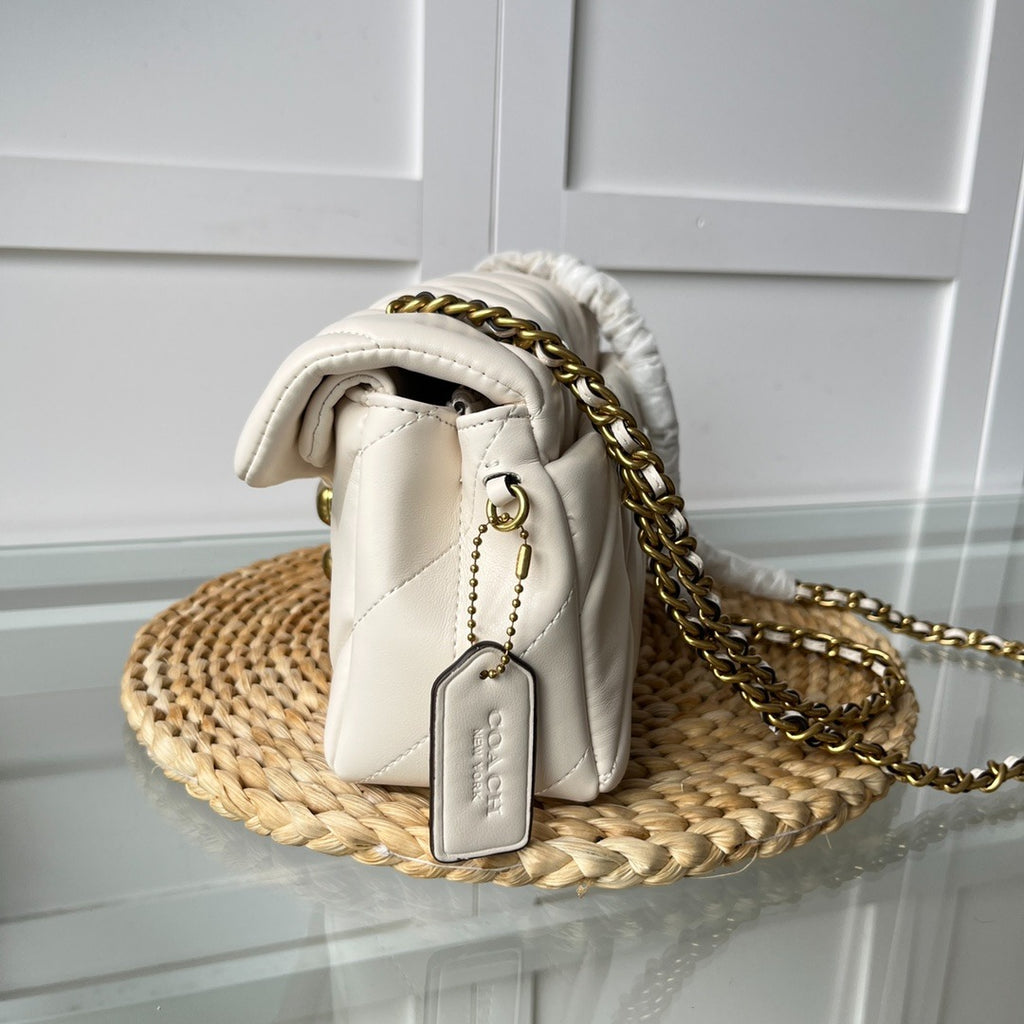 Cream White Quilted Shoulder Bag with Gold Hardware