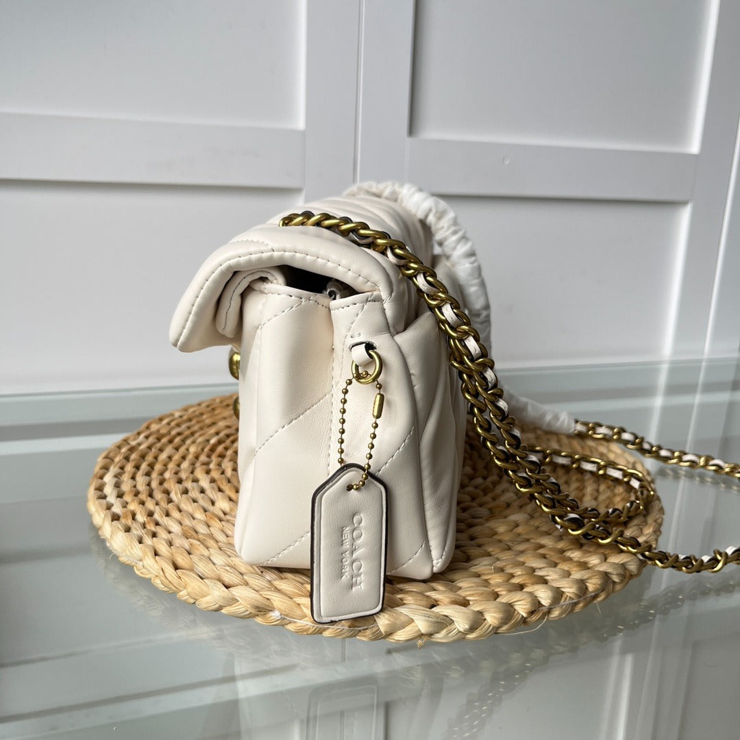 Cream White Quilted Shoulder Bag with Gold Hardware