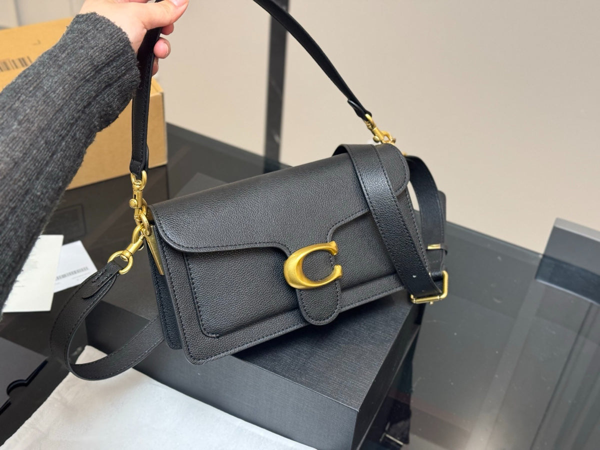 Black Shoulder Bag with Gold-Tone Hardware and Adjustable Strap