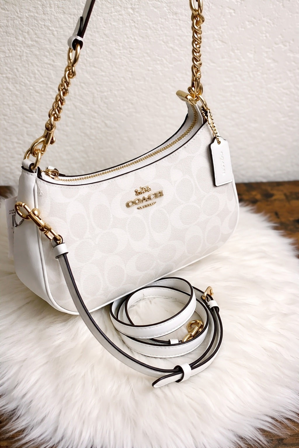 White Shoulder Bag with Gold Chain Strap