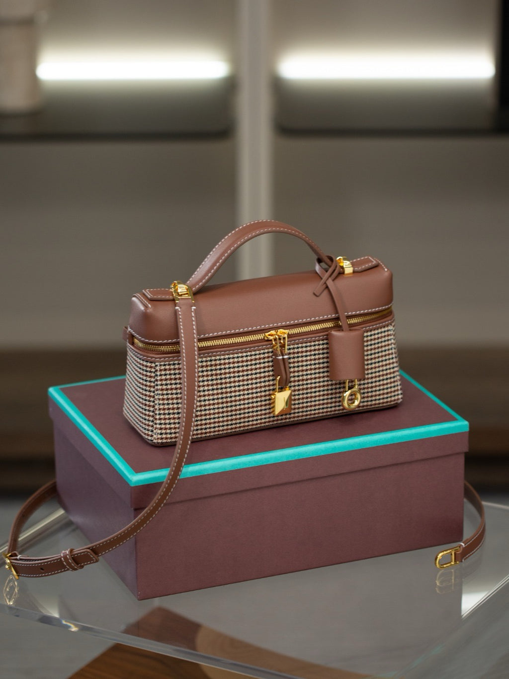 Houndstooth Structured Shoulder Bag with Detachable Strap