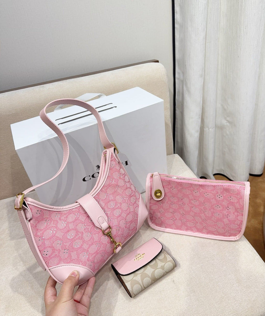3-Piece Monogram Canvas Shoulder Bag & Wallet Set