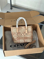 Natural Woven Straw Tote Bag with Leather Details