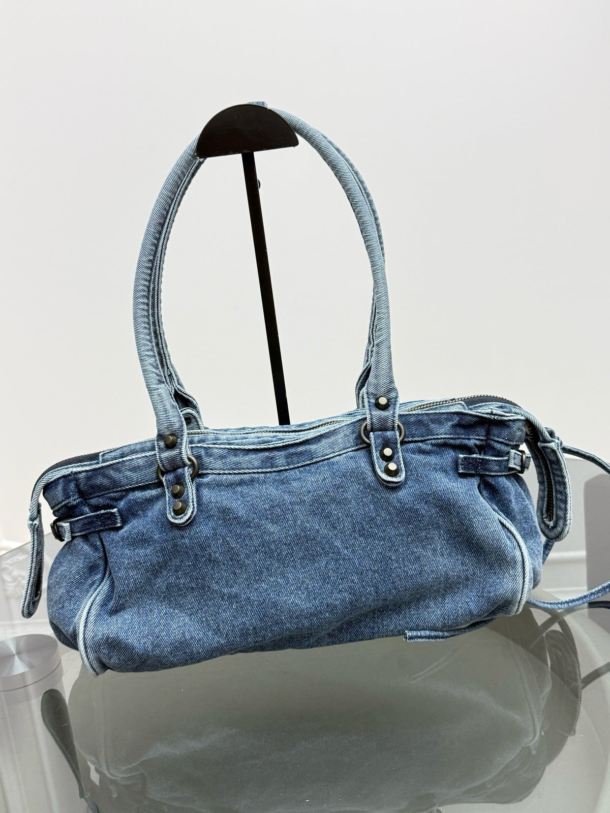 Vintage Washed Denim Baguette Bag – Fringe Shoulder Bag