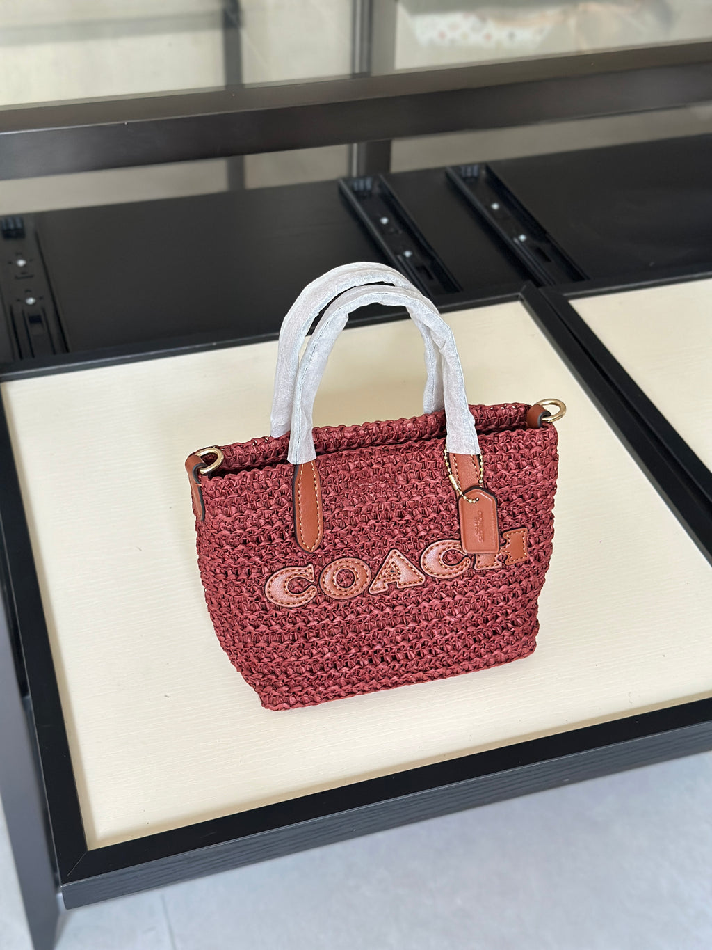 Burgundy Woven Tote Bag with Leather Details
