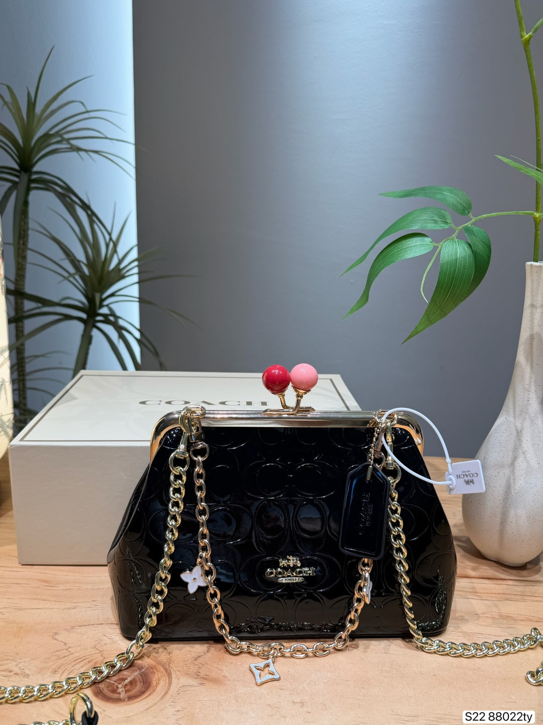 Glossy Monogram Kisslock Frame Bag – Vintage Pearl Chain Shoulder Bag