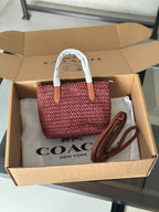 Burgundy Woven Tote Bag with Leather Details