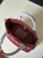 Burgundy Woven Tote Bag with Leather Details