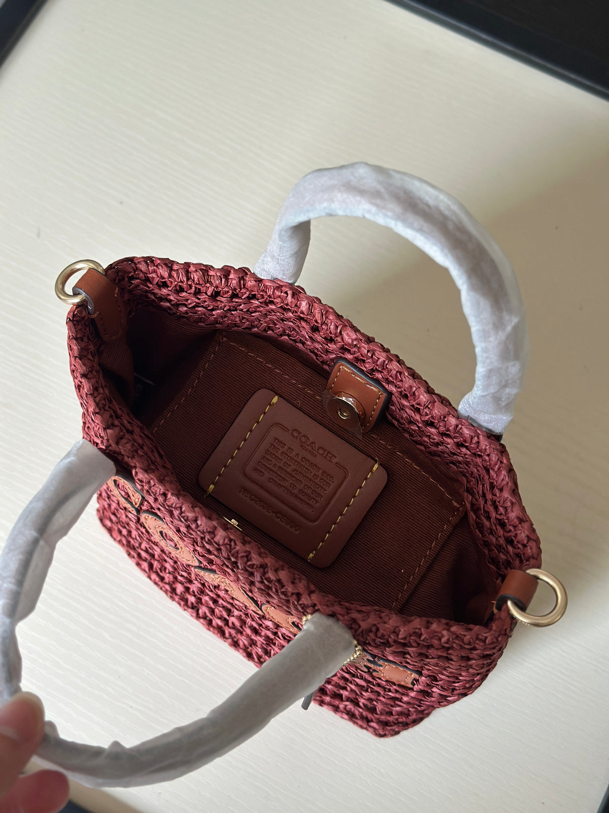 Burgundy Woven Tote Bag with Leather Details