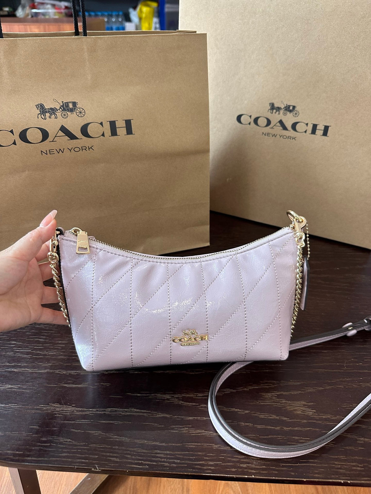 A Coach crescent-shaped shoulder bag in pale pink quilted leather with gold-tone hardware, held by a hand in front of two Coach shopping bags on a dark wooden table.