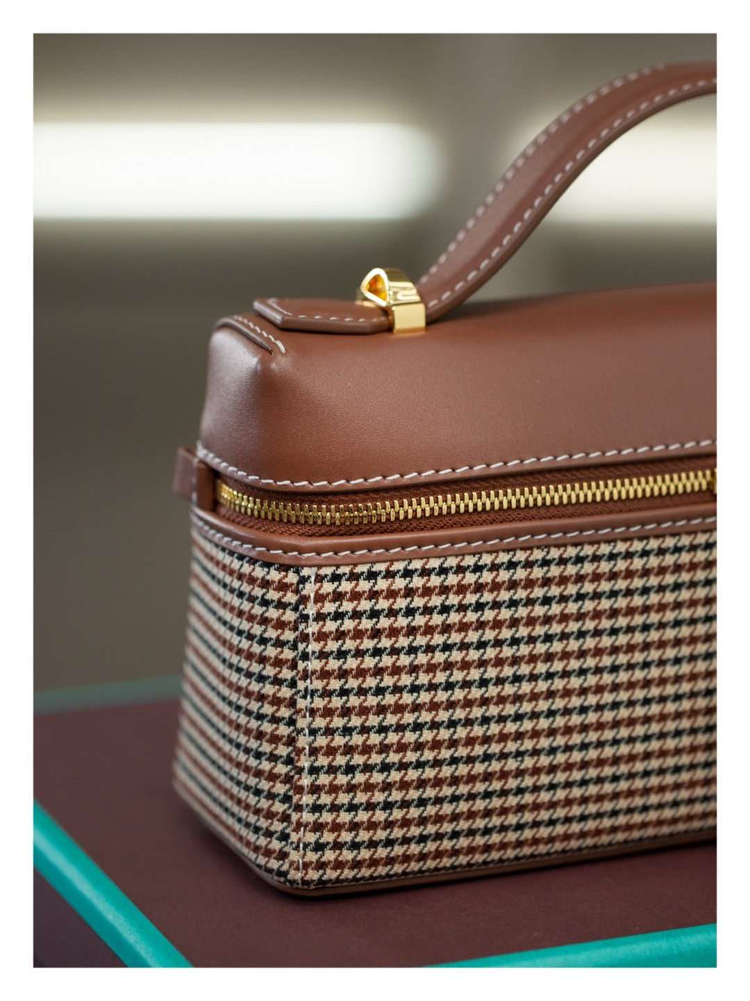 Houndstooth Structured Shoulder Bag with Detachable Strap