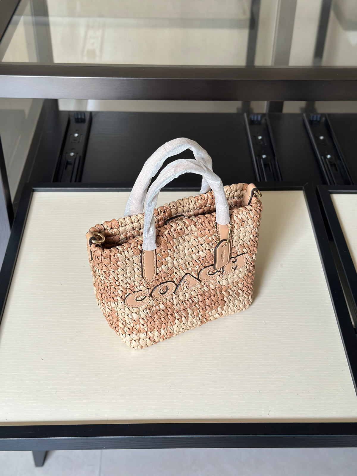 Natural Woven Straw Tote Bag with Leather Details