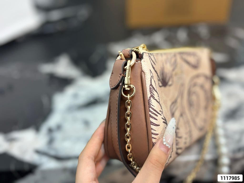 Seashell Monogram Pearl Chain Wristlet Pochette