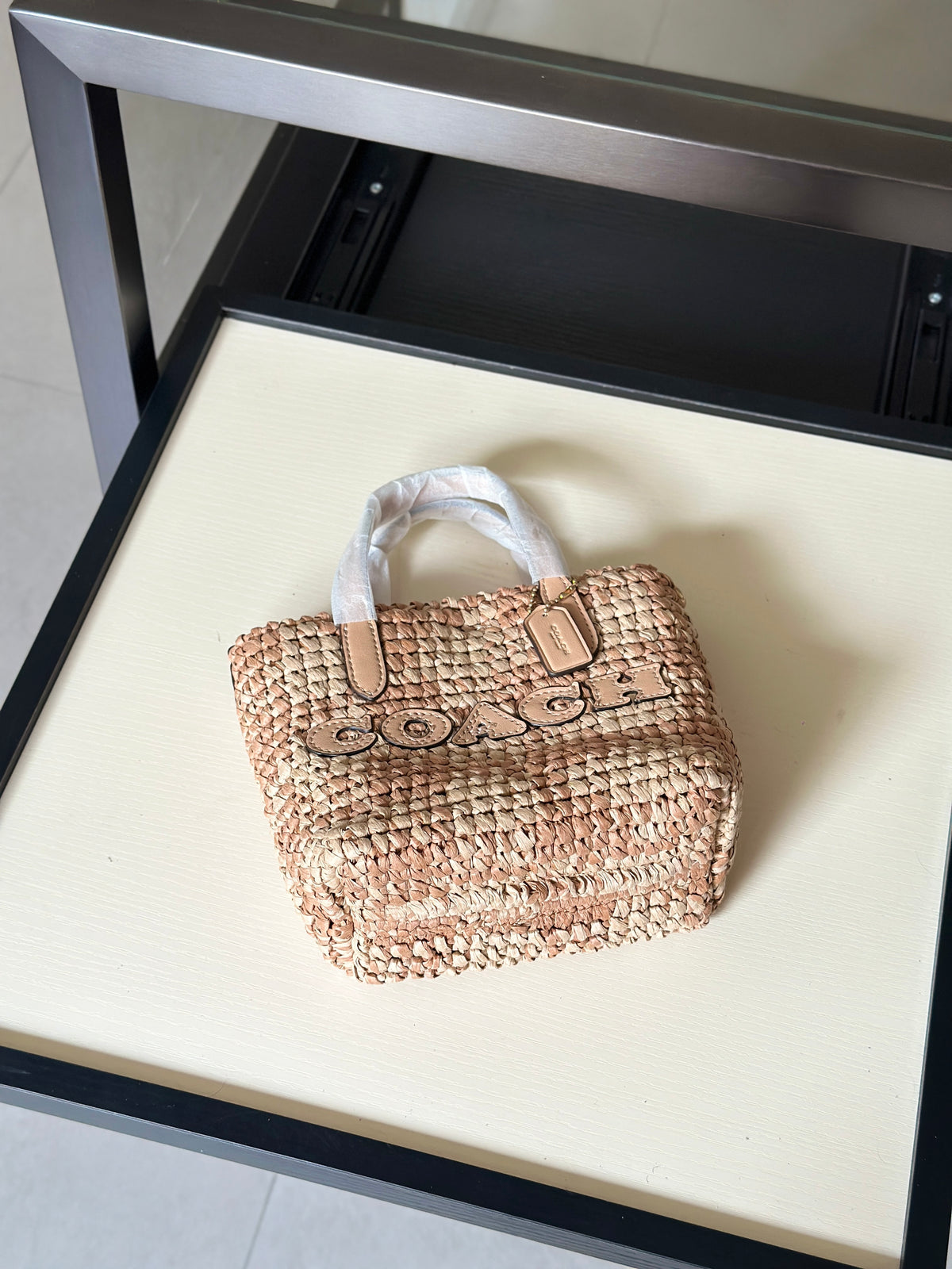 Natural Woven Straw Tote Bag with Leather Details