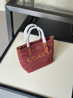 Burgundy Woven Tote Bag with Leather Details