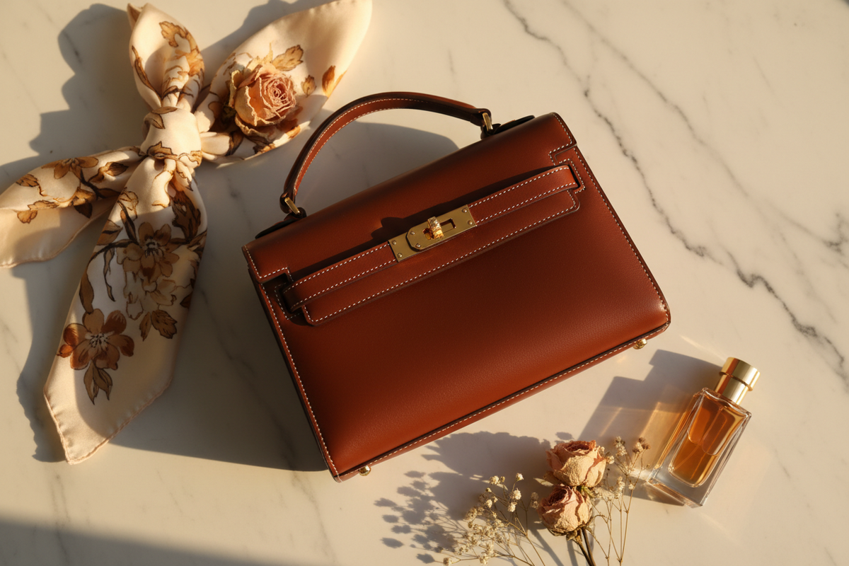 A structured brown leather handbag with gold-tone hardware, styled on a white marble surface with a floral scarf, dried flowers, and a perfume bottle.